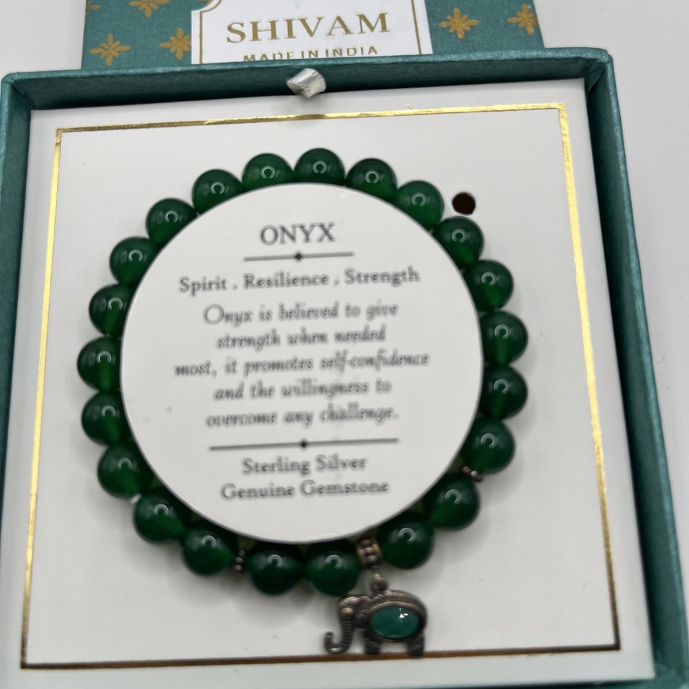 925 Sterling Silver Elephant Charm Genuine Gemstone Green Onyx Bead Bracelet NIB